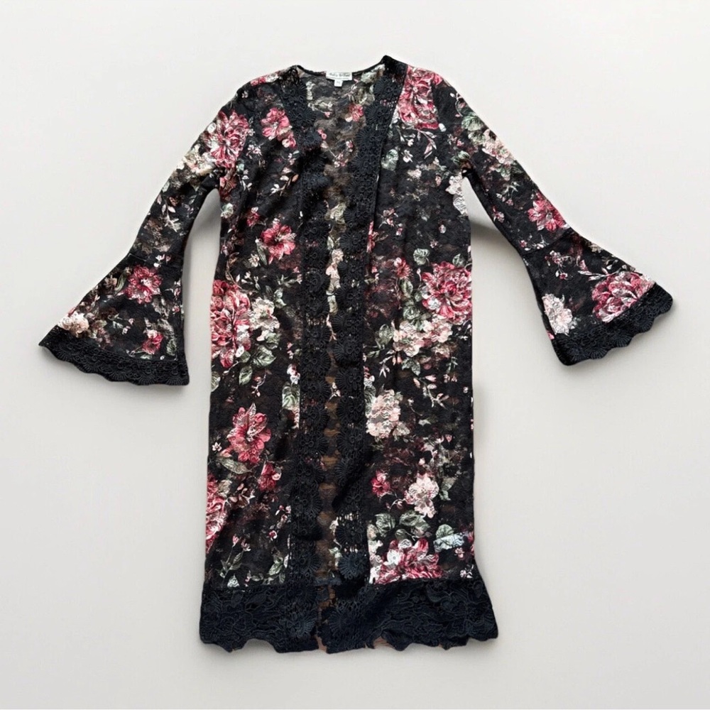 Jolie & Joy Floral Print Tropical Duster Cardigan Kimono Coatigan Boho Sz Medium